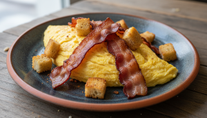 découvrez une omelette gourmande aux lardons et croûtons, une recette inventive qui transforme le pain rassis en une texture aérienne et savoureuse pour un repas délicieux et original.