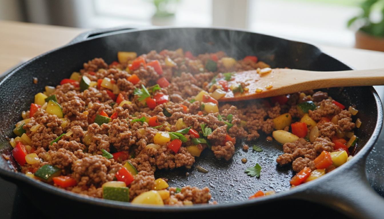 découvrez une poêlée savoureuse de steak haché aux courgettes et poivrons, relevée par une touche de curry pour un plat simple aux saveurs surprenantes et délicieuses.