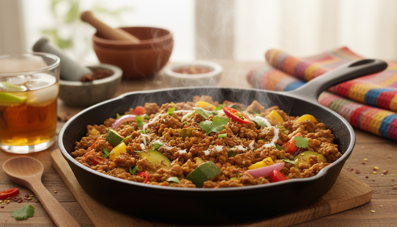 découvrez une poêlée savoureuse de steak haché, courgettes et poivrons au curry, alliant simplicité et explosion de saveurs pour un repas gourmand et plein de couleurs.