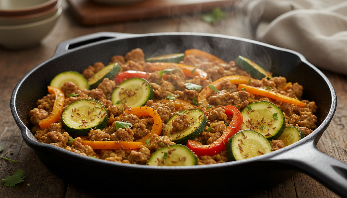 découvrez une poêlée savoureuse alliant steak haché, courgettes et poivrons au curry pour une explosion de saveurs inédites dans un plat facile à préparer.