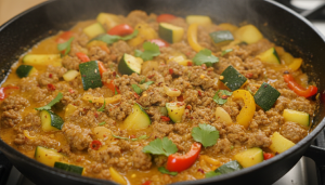 découvrez une poêlée savoureuse de steak haché, courgettes et poivrons au curry, une recette simple qui offre une explosion de saveurs inattendues pour un repas délicieux et gourmand.