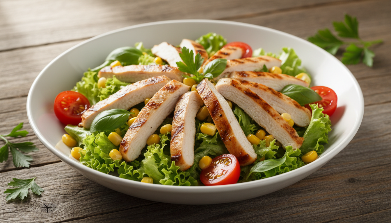 découvrez notre salade légère au poulet, maïs et tomates, une recette saine et gourmande idéale pour un garde-faim minceur équilibré.