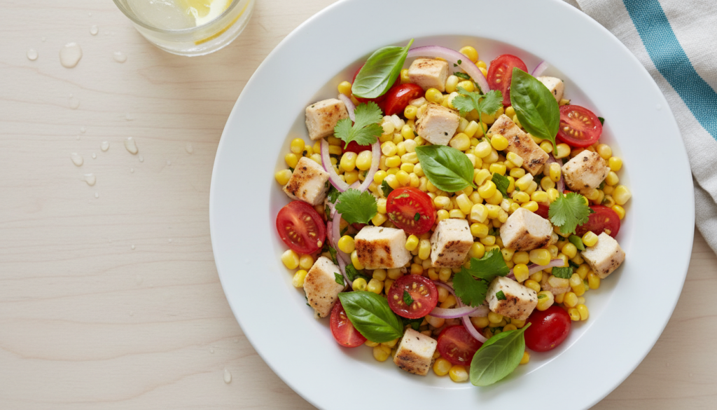 découvrez notre salade légère au poulet, maïs et tomates, une recette saine et savoureuse idéale pour une pause gourmande minceur.