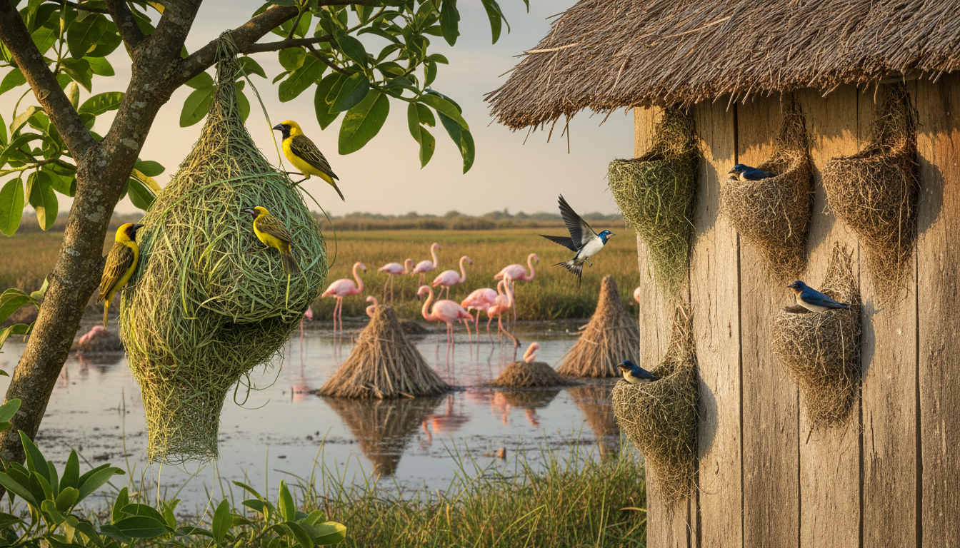 découvrez l'incroyable talent des tisserins, hirondelles et flamants, maîtres architectes du monde aviaire, et explorez leurs nids extraordinaires alliant ingénierie et beauté naturelle.