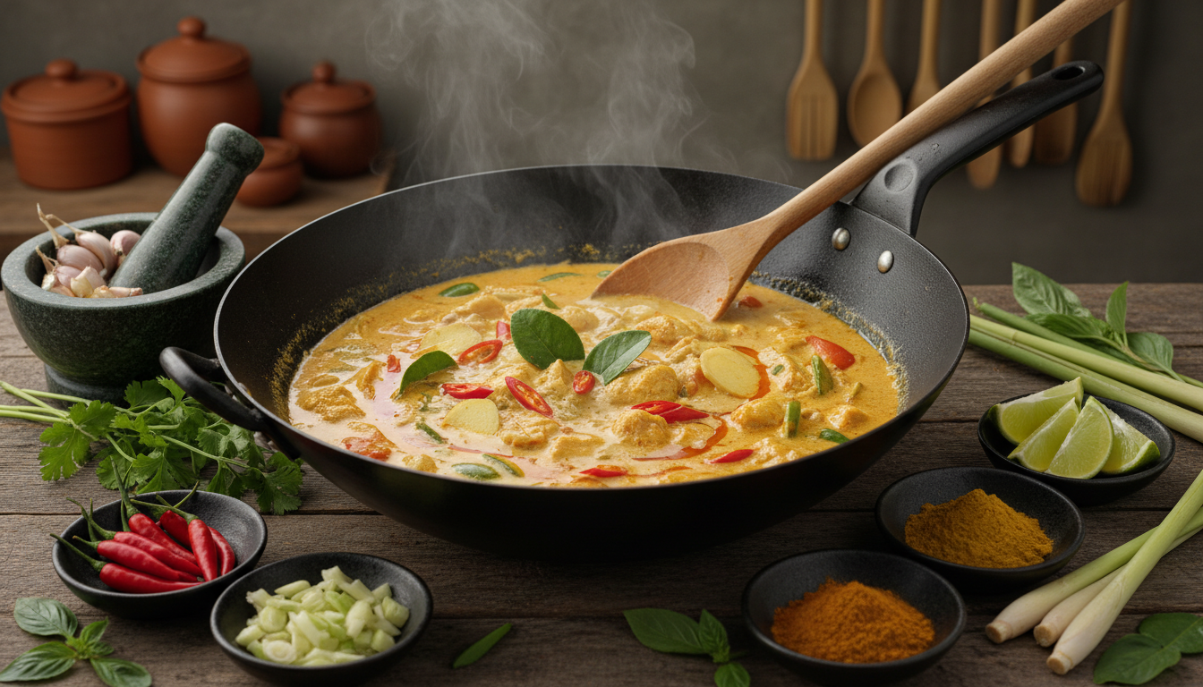 découvrez notre curry thaï au gingembre et lait de coco, une explosion de saveurs exotiques qui réchauffera vos soirées et éveillera vos papilles à chaque cuillerée.