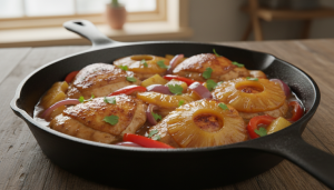 préparez un dîner gourmand et rapide avec ce poulet à l’ananas savoureux, réalisé en un tour de main avec seulement trois ingrédients et une poêle.