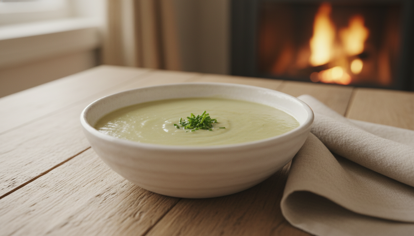 découvrez notre velouté de poireaux onctueux préparé avec seulement 2 ingrédients, une recette facile et rapide parfaite pour réchauffer 4 personnes cet hiver.