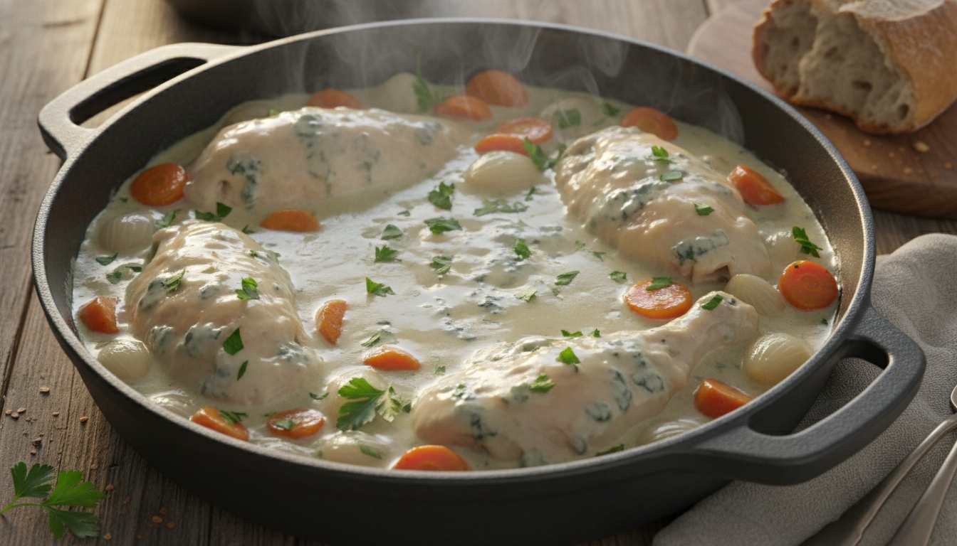 découvrez notre recette revisitée de blanquette de poulet alliant onctuosité et caractère grâce à une sauce au bleu riche et savoureuse.