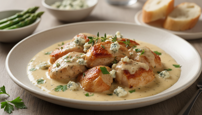 découvrez notre recette revisité de la blanquette de poulet, alliant onctuosité et caractère grâce à une sauce savoureuse au fromage bleu.