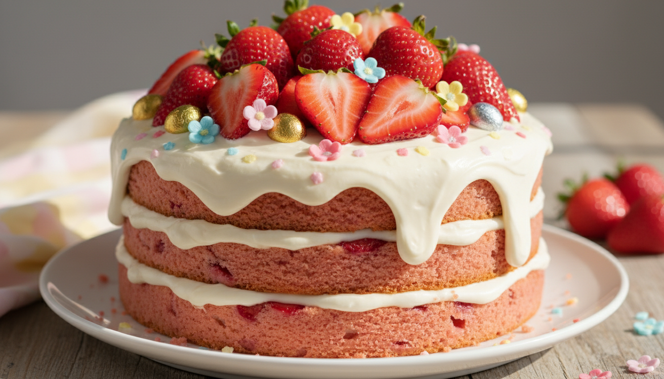 découvrez ce fraisier de pâques généreusement parfumé, un délice moelleux accompagné d'une crème irrésistible pour un moment de pure gourmandise.