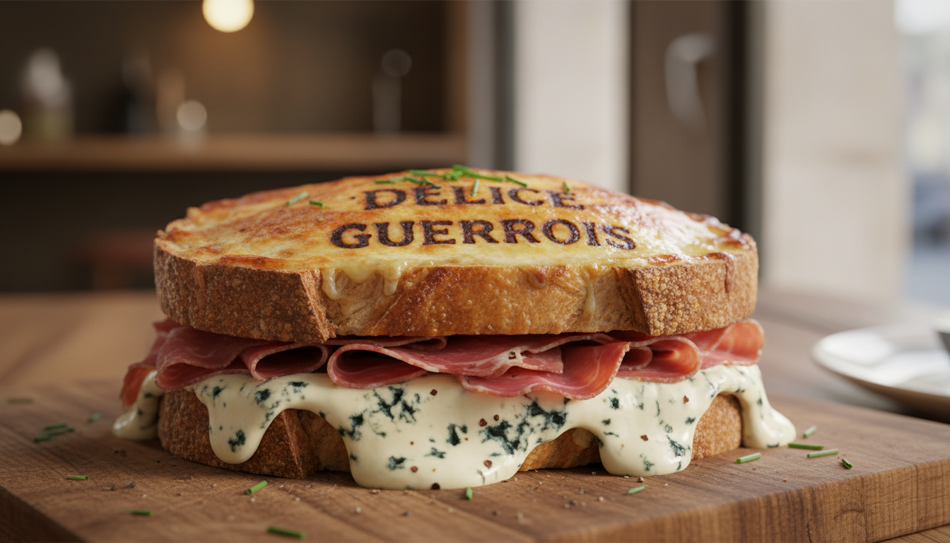 découvrez le délice guerrois, un croque-monsieur gourmand au jambon sec et à la crème fondante au bleu, pour une expérience savoureuse et raffinée.