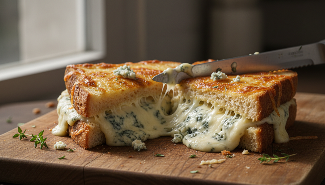 découvrez le délice guerrois, un croque-monsieur gourmand au jambon sec, nappé d'une crème fondante au bleu pour une explosion de saveurs.