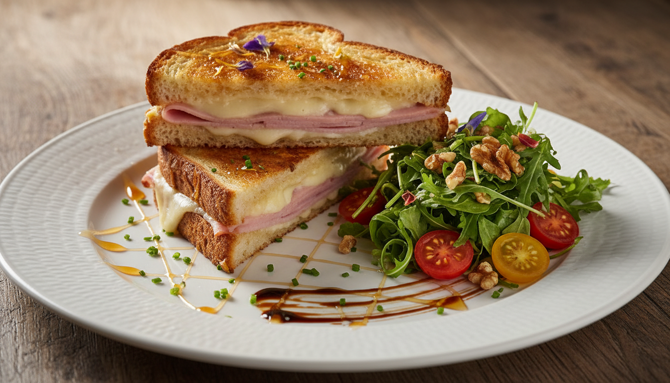 savourez le délice guerrois, un croque-monsieur gourmand au jambon sec accompagné d'une crème fondante au bleu, pour une expérience savoureuse unique.