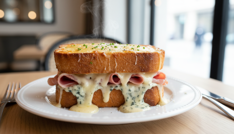 découvrez le délice guerrois, un croque-monsieur gourmand au jambon sec et à la crème fondante au bleu, pour une expérience savoureuse et raffinée.