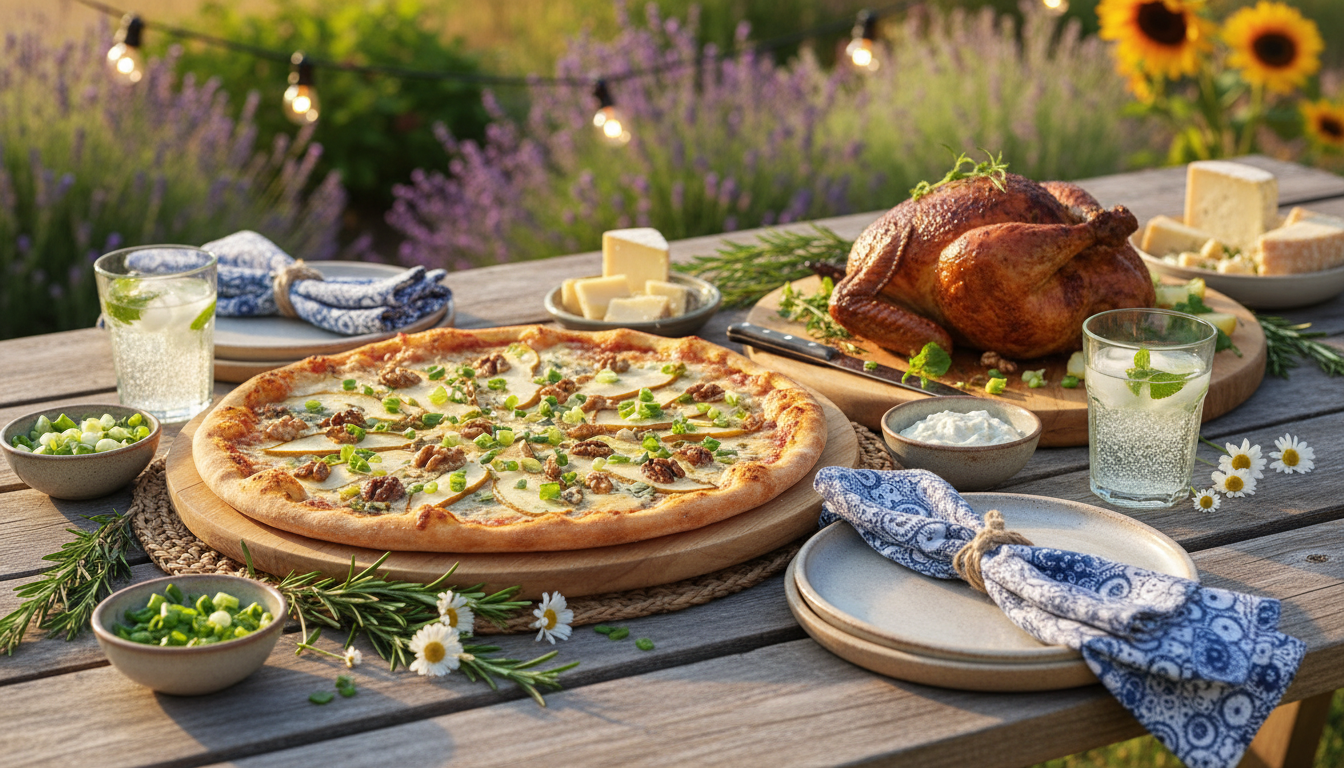 découvrez notre recette savoureuse de pizza d'été au bleu, poulet fumé et oignons nouveaux, alliant gourmandise et fraîcheur pour un repas convivial.