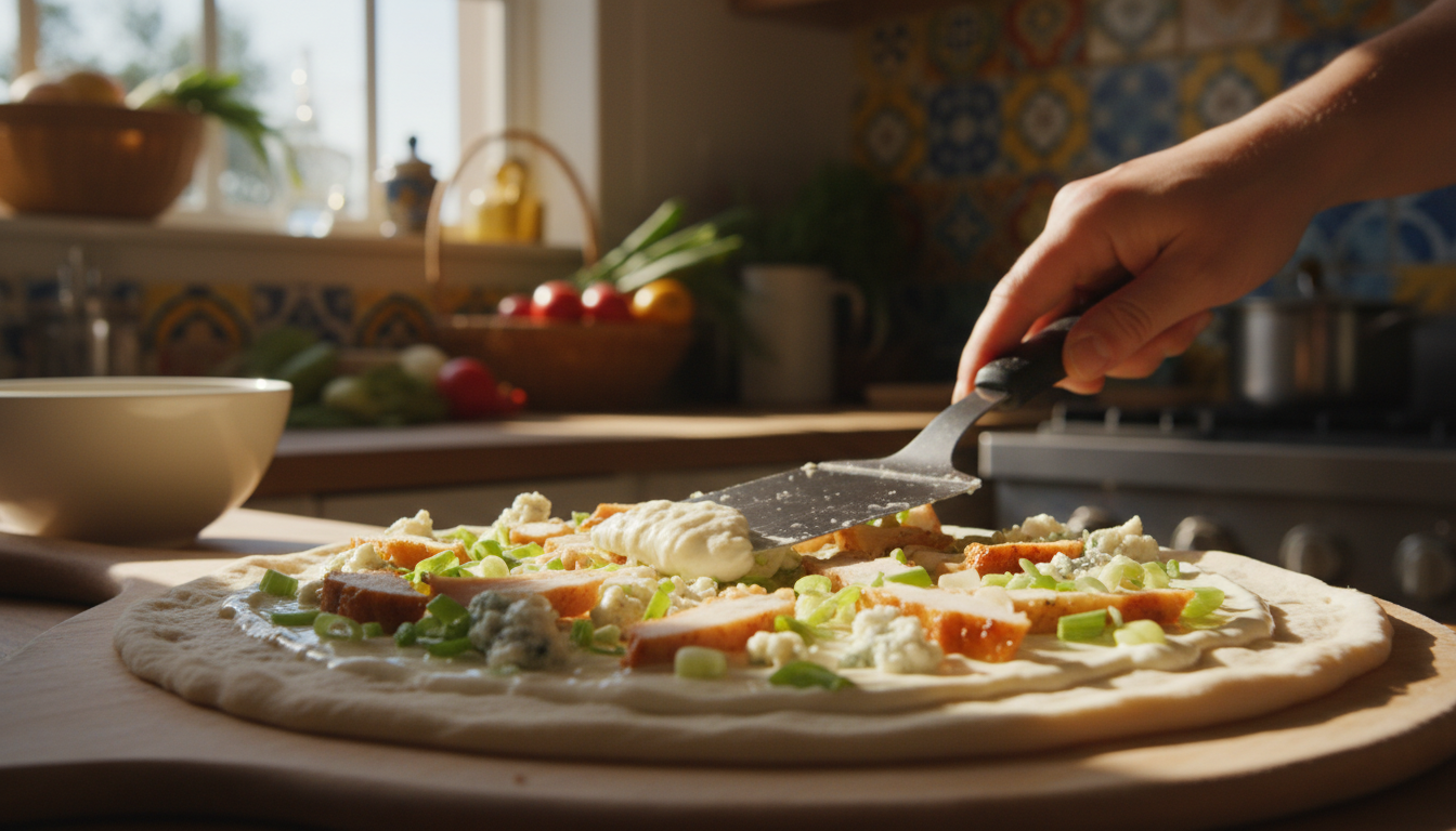 découvrez notre recette gourmande de pizza d'été au bleu, poulet fumé et oignons nouveaux, pour un délice savoureux à partager en famille ou entre amis.