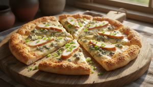 découvrez notre recette estivale gourmande : pizza au bleu, poulet fumé et oignons nouveaux, un délice savoureux parfait pour vos repas d'été.