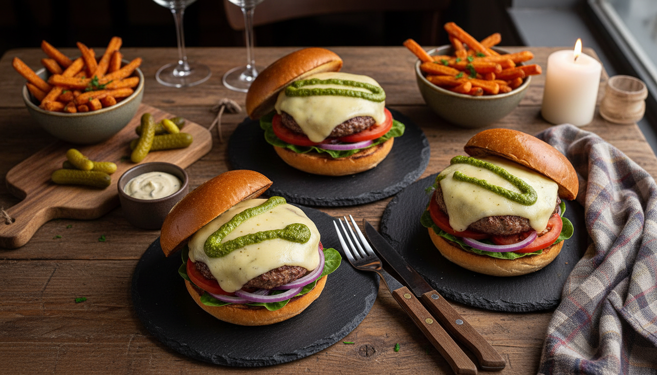 savourez un burger de bœuf gourmand garni de pesto frais et de fromage à raclette fondant, pour une explosion de saveurs irrésistible.
