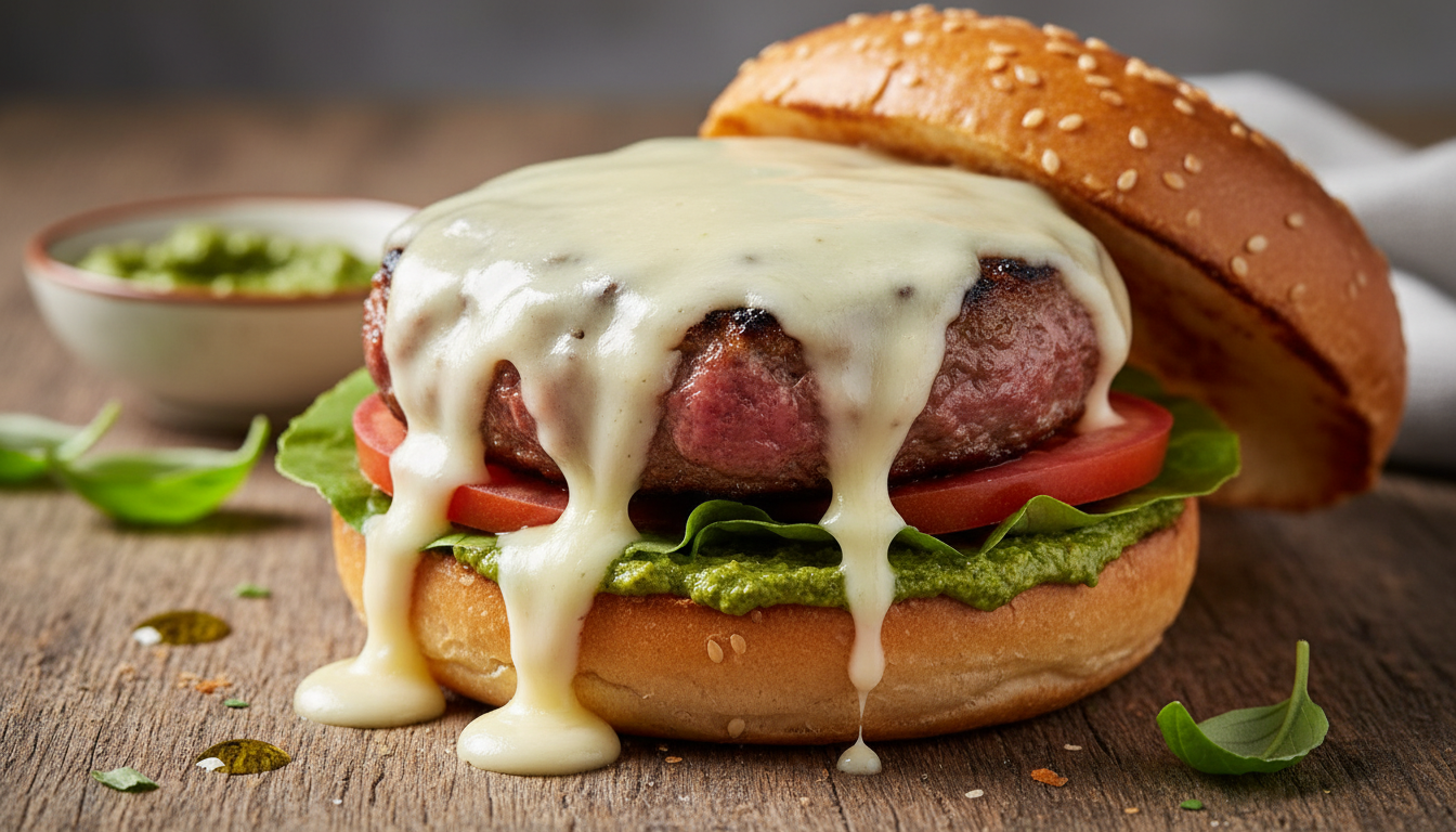 savourez un burger de bœuf juteux garni de pesto aromatique et de fromage à raclette fondant pour une expérience gourmande irrésistible.