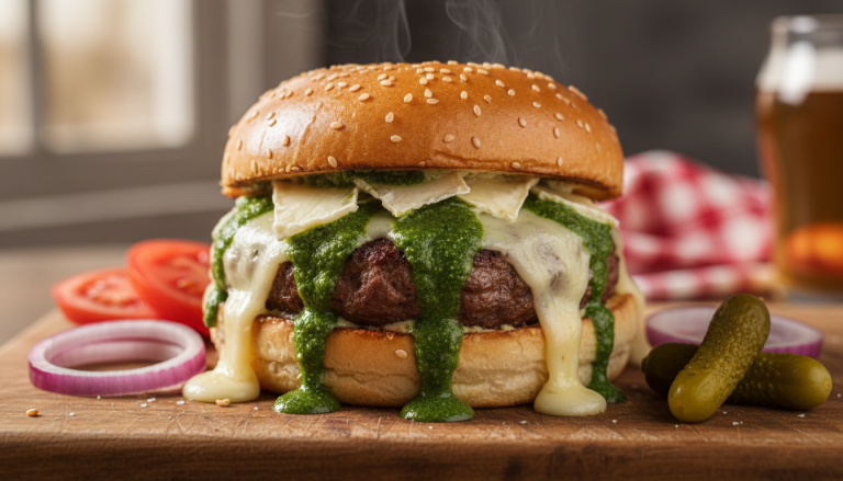 savourez un burger gourmand alliant un steak de bœuf juteux, un pesto parfumé et un fromage à raclette fondant pour une expérience délicieuse et réconfortante.