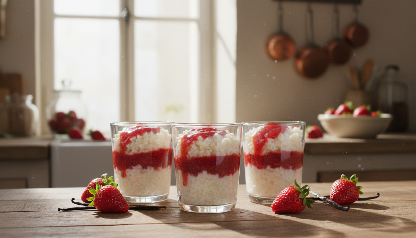 savourez un délice onctueux avec ce riz au lait à la vanille, sublimé par un coulis de fraises frais et léger, pour une douceur irrésistible.