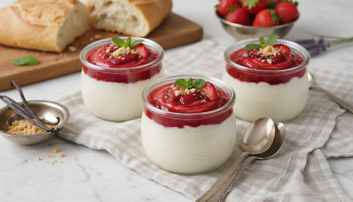 découvrez un délice onctueux avec notre riz au lait à la vanille, sublimé par un coulis de fraises frais et léger, pour une douceur gourmande et raffinée.