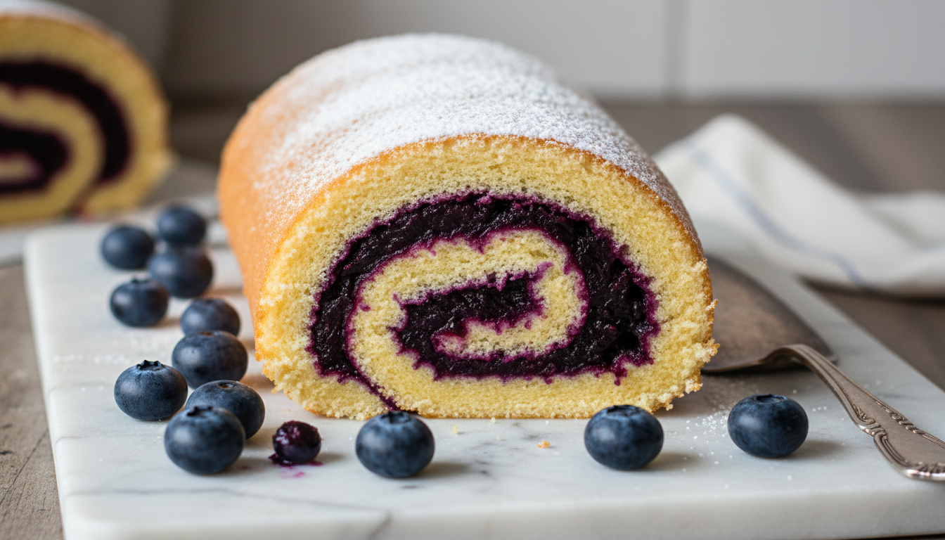 découvrez notre délice roulé, une douceur aérienne garnie d'une mousse légère et fruitée à la myrtille, parfaite pour une pause gourmande et fraîche.
