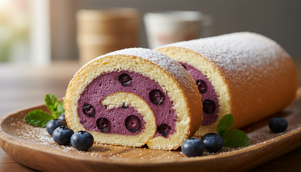 découvrez le délice roulé, une douceur aérienne garnie d'une mousse légère et fruitée à la myrtille, parfaite pour un dessert gourmand et raffiné.