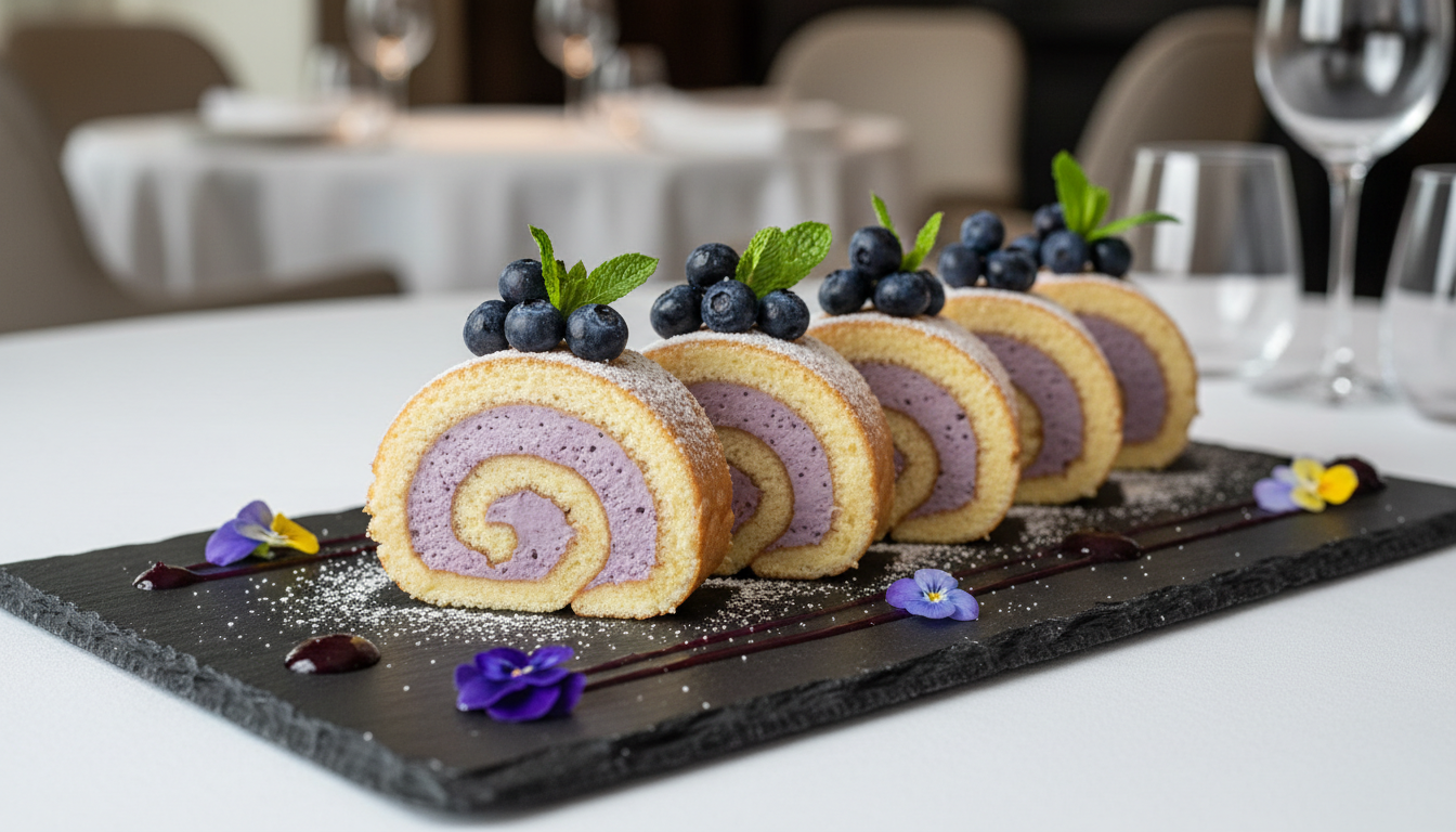 découvrez notre délice roulé, une douceur aérienne garnie d'une mousse légère et fruitée à la myrtille, parfaite pour un moment gourmand et rafraîchissant.