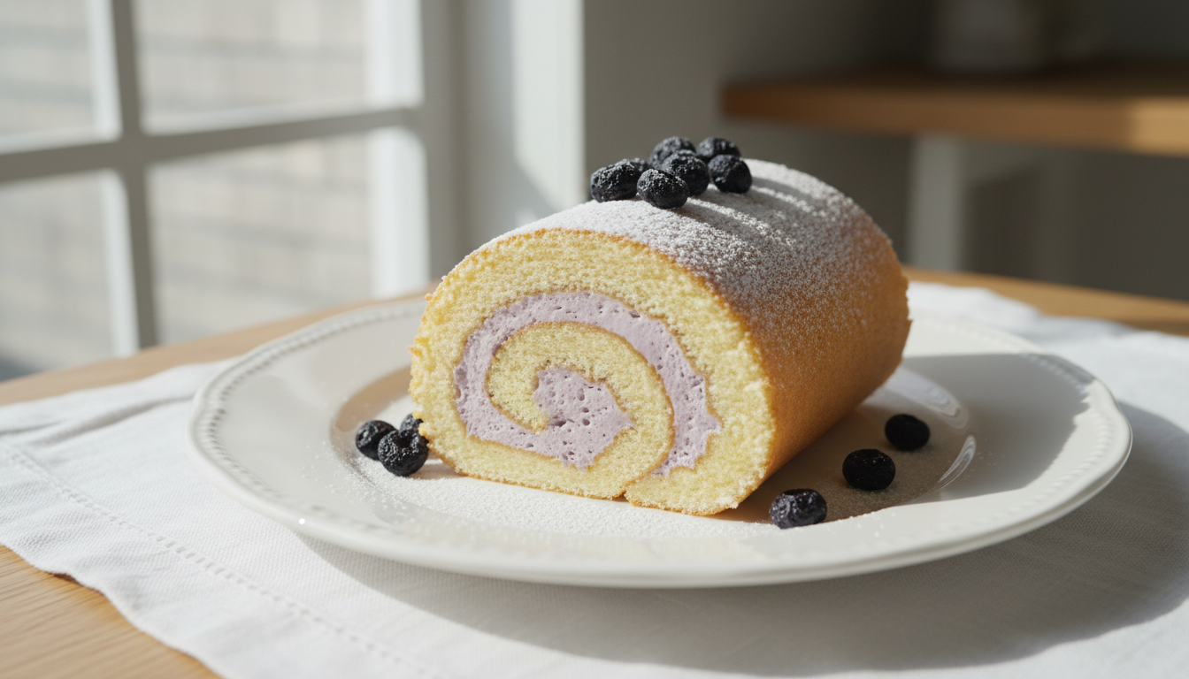 découvrez notre délice roulé, une douceur aérienne garnie d'une mousse légère et fruitée aux myrtilles, parfaite pour les amateurs de dessert délicat et gourmand.