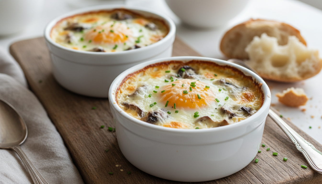 savourez notre recette simple et gourmande d'œufs cocotte aux champignons fondants et fromage fondant, idéale pour un repas rapide et délicieux.