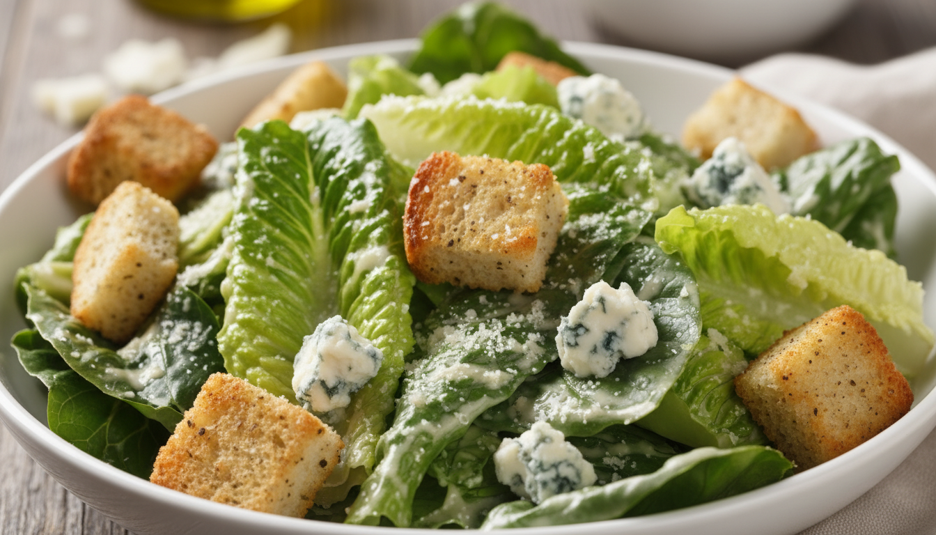 découvrez notre délicieuse salade césar revisitée, rehaussée d'une touche de fromage bleu pour un goût unique et savoureux.