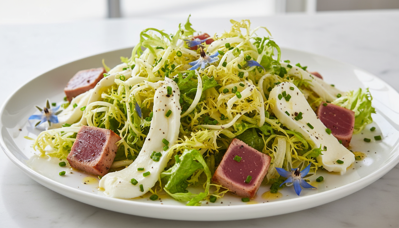 découvrez notre recette gourmande et facile de salade frisée au thon et fines languettes de fromage frais, parfaite pour un repas léger et savoureux.