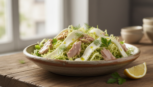 découvrez une recette gourmande et facile de salade frisée au thon accompagnée de fines languettes de fromage frais, parfaite pour un repas sain et délicieux.