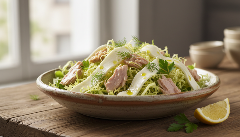 découvrez une recette gourmande et facile de salade frisée au thon accompagnée de fines languettes de fromage frais, parfaite pour un repas sain et délicieux.