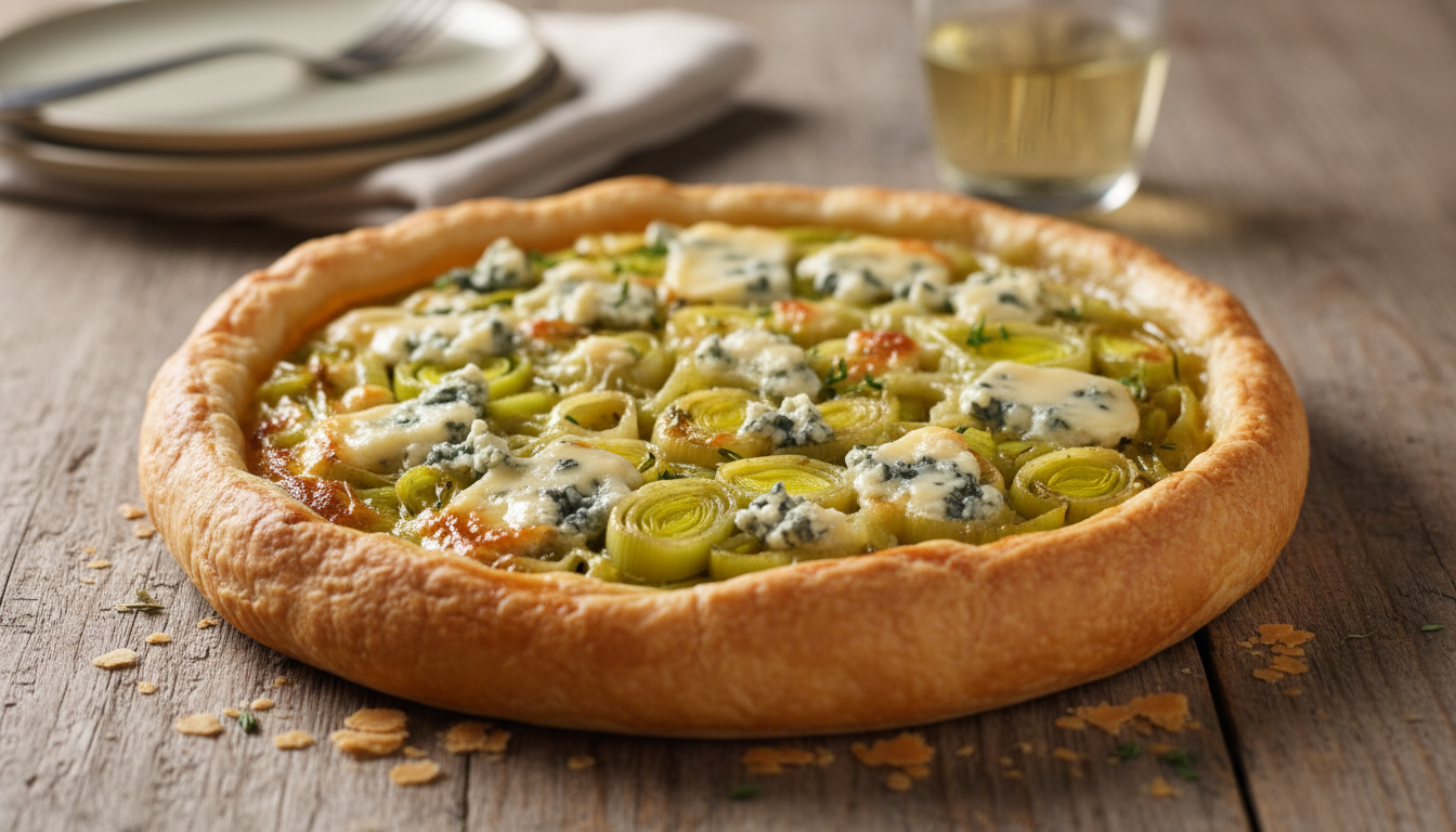 savourez une délicieuse tarte aux poireaux fondants et au fromage bleu crémeux, parfaite pour un repas gourmand et convivial.