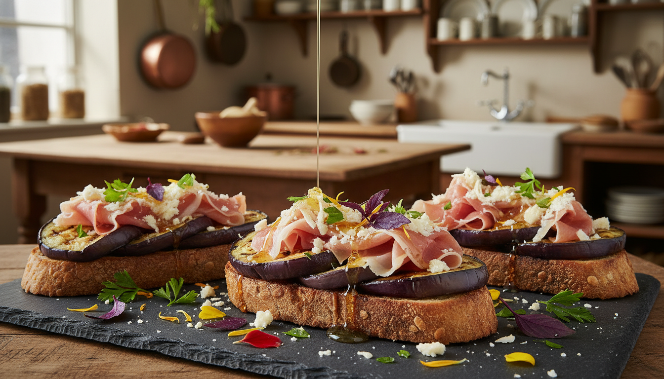savourez nos toasts gourmands au jambon cru, fromage de brebis et aubergines rôties, une explosion de saveurs méditerranéennes pour un apéritif ou un déjeuner gourmand.