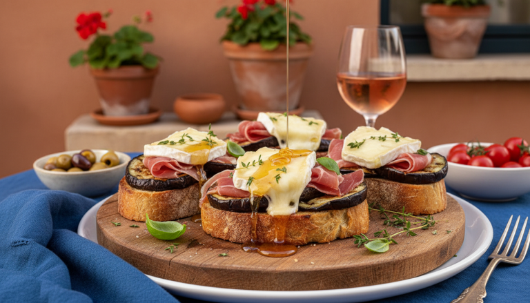 savourez nos toasts gourmands au jambon cru, fromage de brebis et aubergines rôties, une recette simple et délicieuse pour un apéritif ou un repas léger.