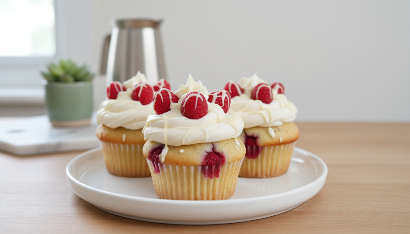 découvrez nos délicieux cupcakes vanille et framboise, garnis d'une onctueuse crème au fromage frais et nappés de chocolat blanc pour une gourmandise irrésistible.