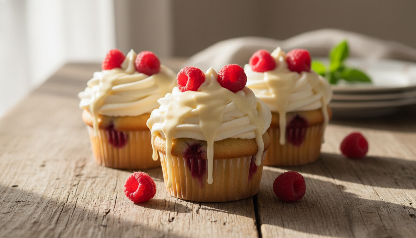 savourez nos délicieux cupcakes vanille et framboise, garnis d'une crème au fromage frais onctueuse et nappés de chocolat blanc fondant, pour un dessert gourmand et léger.