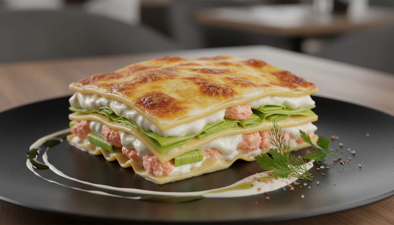 découvrez une recette savoureuse de lasagnes gourmandes au saumon, poireaux fondants et fromage frais, parfaite pour un repas riche en goûts et en douceur.