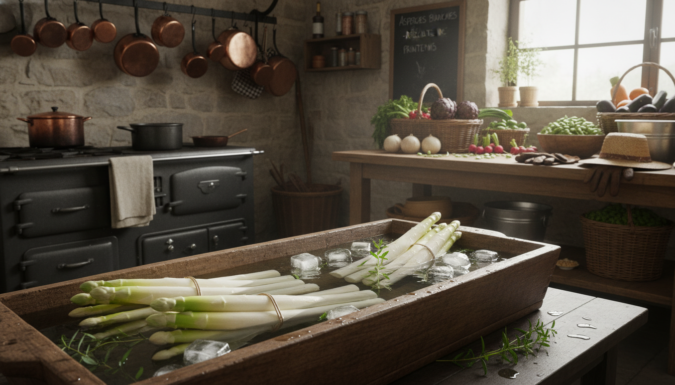découvrez l'asperge parfaite du loudunais, fruit d'un rituel quotidien entre la cueillette à l'aube et le bain glacé pour une fraîcheur incomparable.