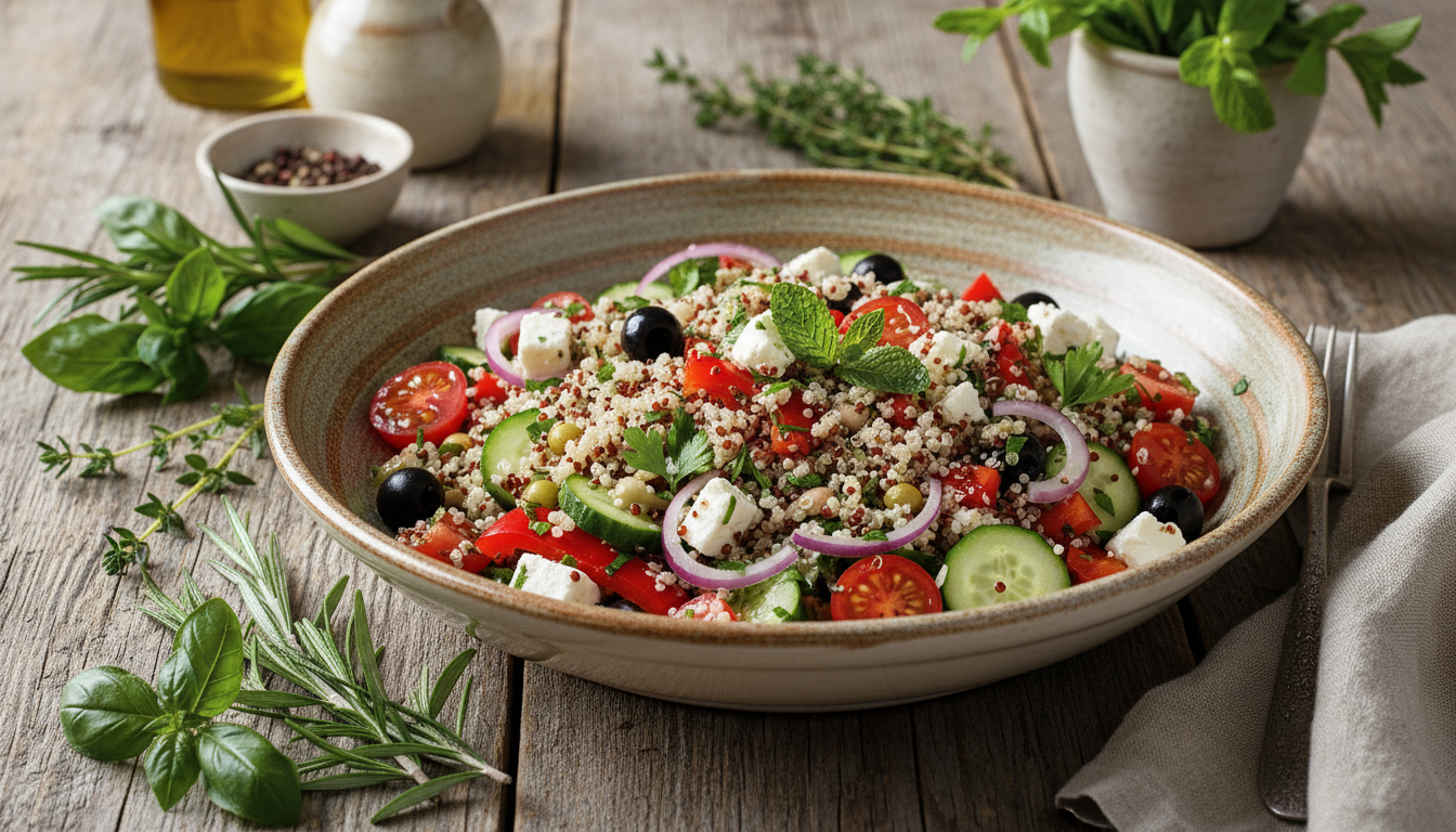 découvrez une recette savoureuse de salade de quinoa colorée, agrémentée de légumes croquants et de fromage frais, parfaite pour un repas sain et gourmand.