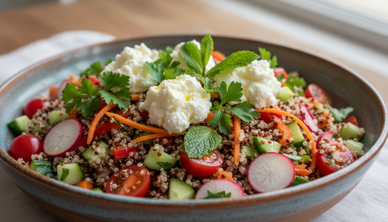découvrez notre recette savoureuse de salade de quinoa colorée, composée de légumes croquants et de fromage frais, parfaite pour un repas sain et gourmand.