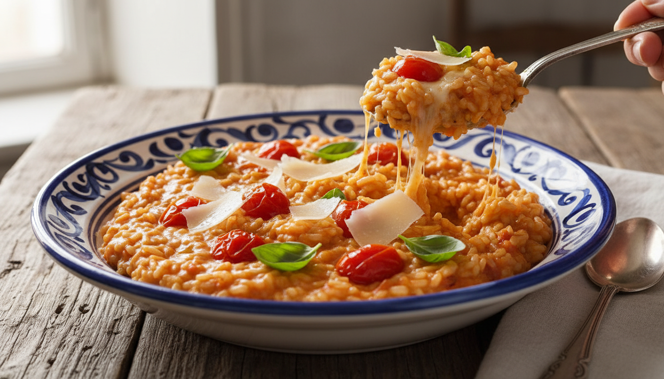 découvrez notre recette de risotto léger à la sauce tomate fraîche et au parmesan fondant, une alliance parfaite de saveurs pour un repas savoureux et équilibré.