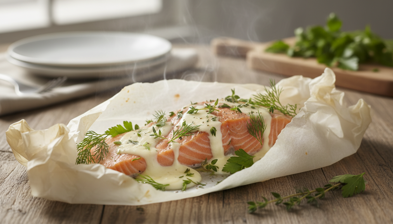découvrez notre recette saine et savoureuse de saumon en papillote parfumé aux herbes fraîches et au fromage crémeux, idéale pour un repas léger et gourmand.