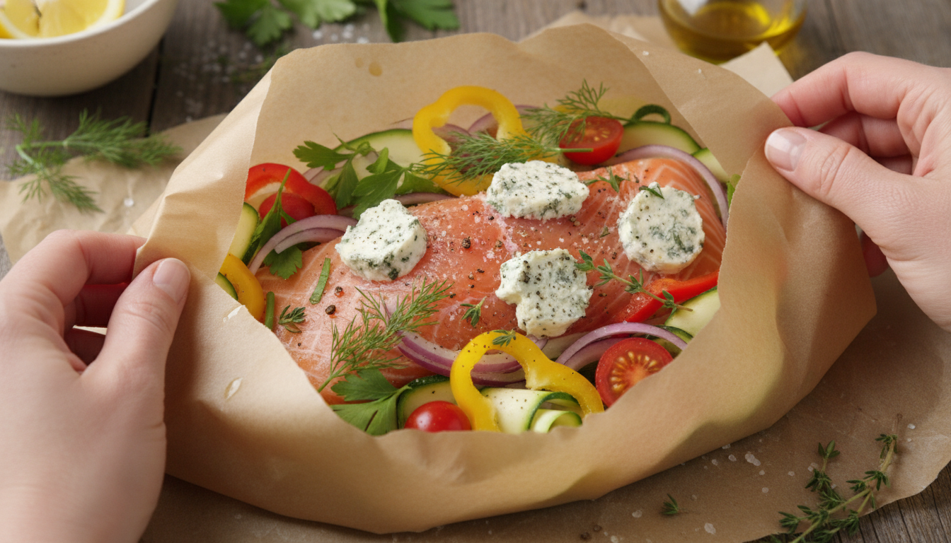 découvrez notre recette de saumon en papillote, délicatement parfumé aux herbes fraîches et accompagné d'un fromage crémeux pour un plat savoureux et léger.