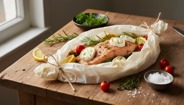 découvrez une recette savoureuse de saumon en papillote, délicatement parfumé aux herbes fraîches et enrichi de fromage crémeux, pour un plat sain et gourmand.