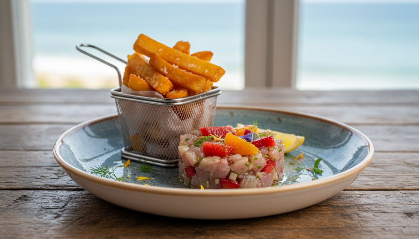 découvrez le tartare de daurade aux fruits, une recette surprenante qui marie la fraîcheur délicate du poisson à la texture croustillante des frites pour un plat gourmand et innovant.