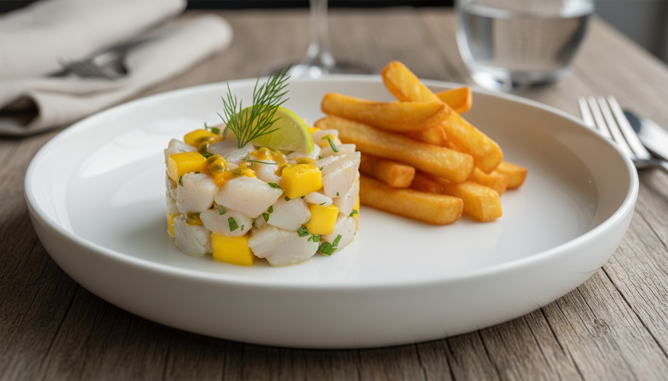 découvrez le tartare de daurade aux fruits, une recette surprenante qui marie la fraîcheur délicate du poisson à la texture croustillante des frites pour un goût exceptionnel.